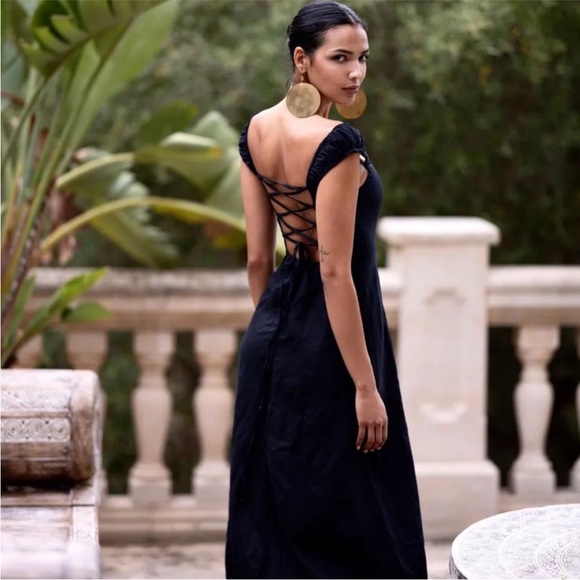 Zara Women's Black Linen Blend Midi Dress Square Neckline Flared Hem Size Medium - Picture 5 of 13